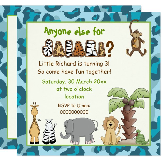 Jungle Blue Animals Safari Kids Birthday Party Invitation