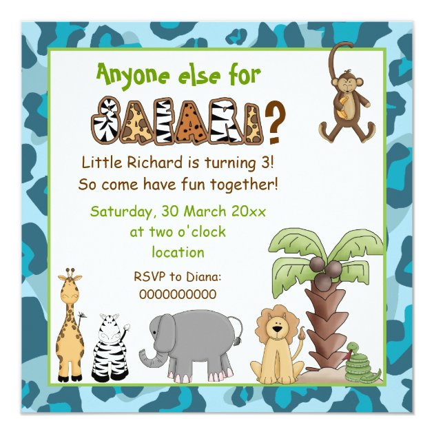 Jungle Blue Animals Safari Kids Birthday Party Invitation