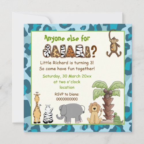 Jungle blue animals safari kids birthday party invitation