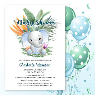 Jungle Blue Elephant Baby Shower Invitation