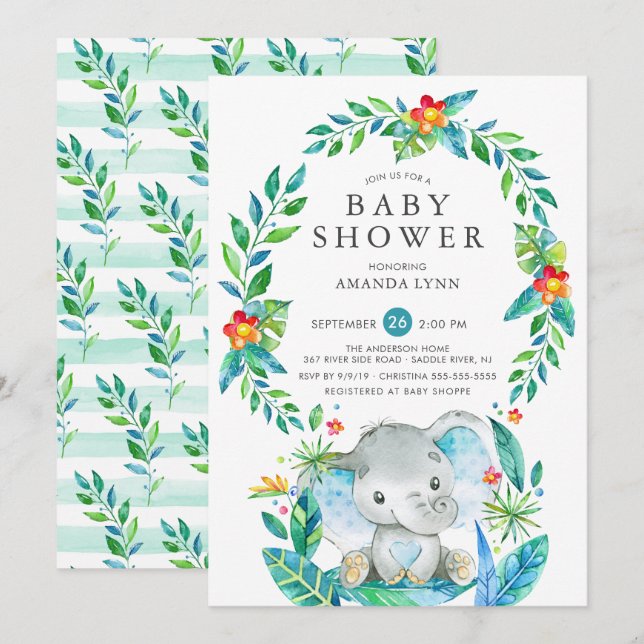 Jungle Blue Elephant Boy Baby Shower Invitation (Front/Back)