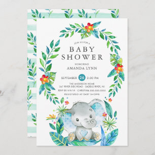 Jungle Blue Elephant Boy Baby Shower Invitation