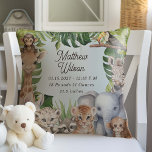 Jungle blue new baby animals birth stats Nursery Throw Pillow<br><div class="desc">Welcome your baby boy to a world of adventure with the Safari Jungle Animals Baby Boy Nursery Pillow, a charming addition to his first sanctuary. This pillow features a delightful array of watercolor tropical and jungle animals, bringing a playful yet serene vibe to the nursery decor. Personalize it with your...</div>