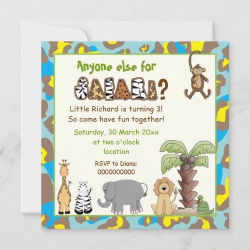 Jungle blue yellow safari kids birthday party invitation