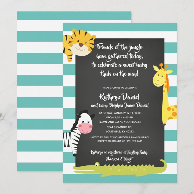 Jungle Boy Animal Chalkboard Baby Shower Invitation (Front/Back)