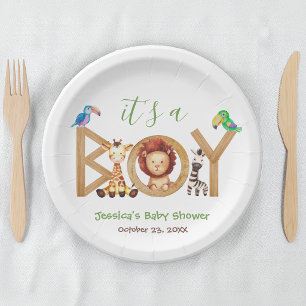 Jungle Boy Baby Shower Cute Safari Animals Wood Paper Plates