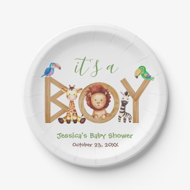 Jungle Boy Baby Shower Cute Safari Animals Wood Paper Plates (Front)