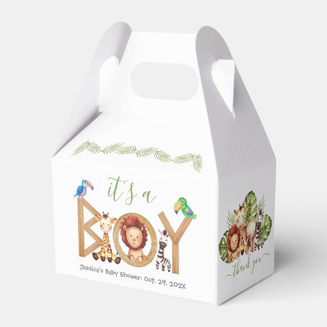 Jungle Boy Cute Safari Animals Wood Baby Shower Favor Boxes (Front Side)