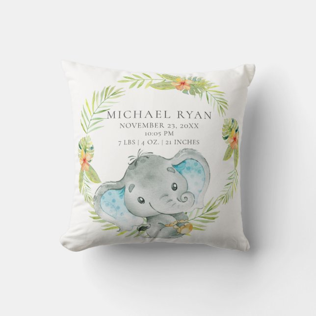 Jungle Boy Elephant Baby Birth Stats Pillow (Front)