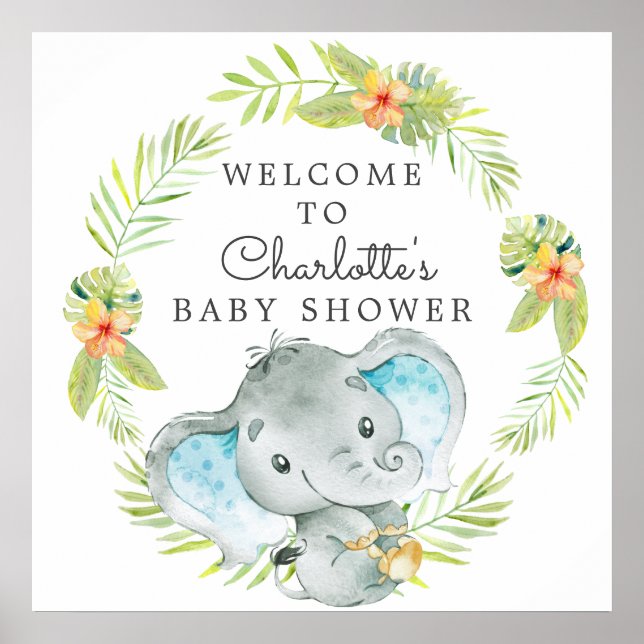 Jungle Boy Elephant Baby Shower Welcome Poster (Front)