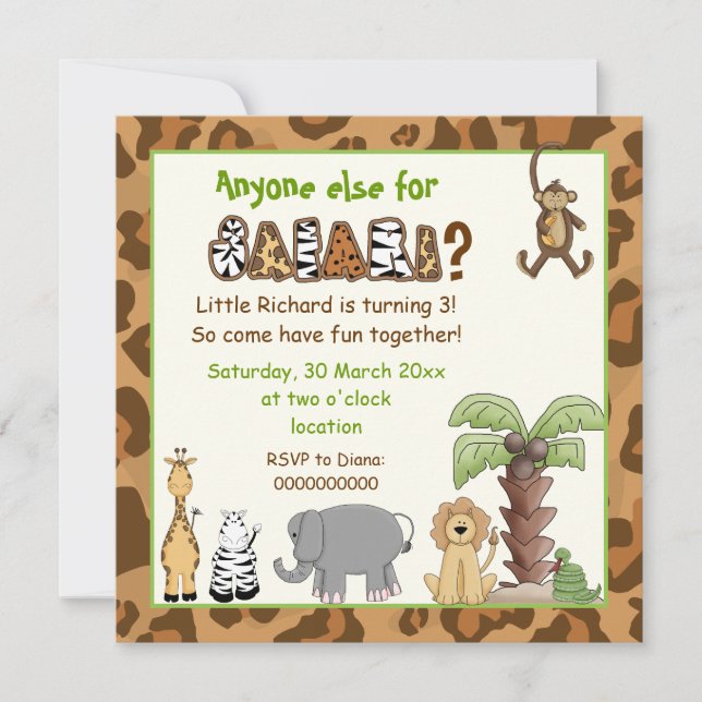 Jungle brown safari kids birthday party invitation (Front)