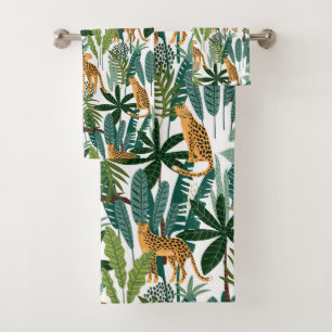Jungle cat and leaves pattern bath towel set