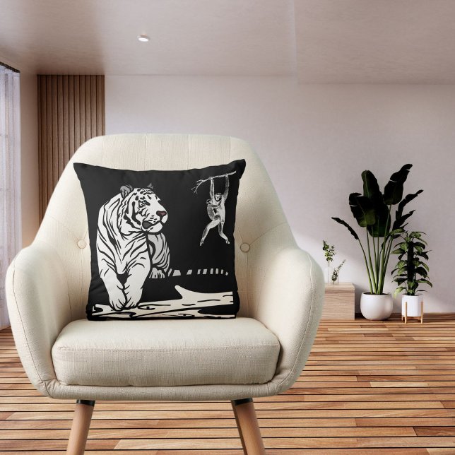 Jungle Cat Tiger Gazing Wild On Black White Modern Throw Pillow (Creator Uploaded)