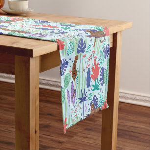 Jungle cats with flowers and leaves pattern short table runner