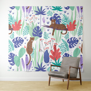 Jungle cats with flowers and leaves pattern tapestry