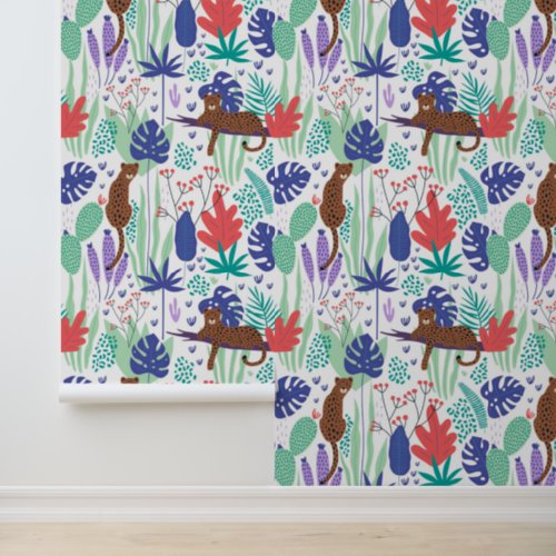 Jungle cats with flowers and leaves pattern wallpaper 