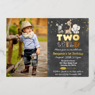 Jungle Chalkboard Two Wild Photo Real Gold Foil Invitation