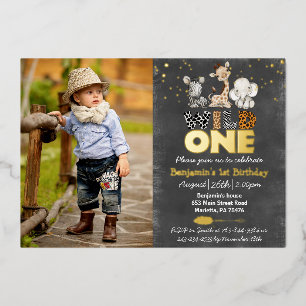 Jungle Chalkboard Wild One Photo Real Gold Foil In Invitation