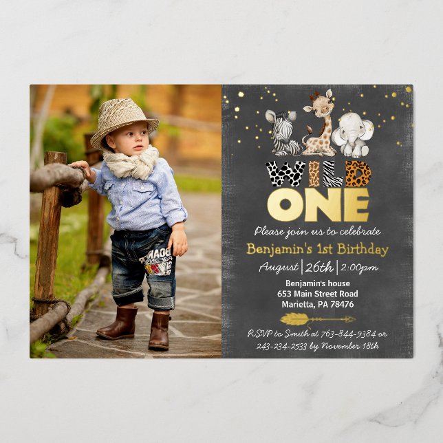 Jungle Chalkboard Wild One Photo Real Gold Foil In Invitation (Front)