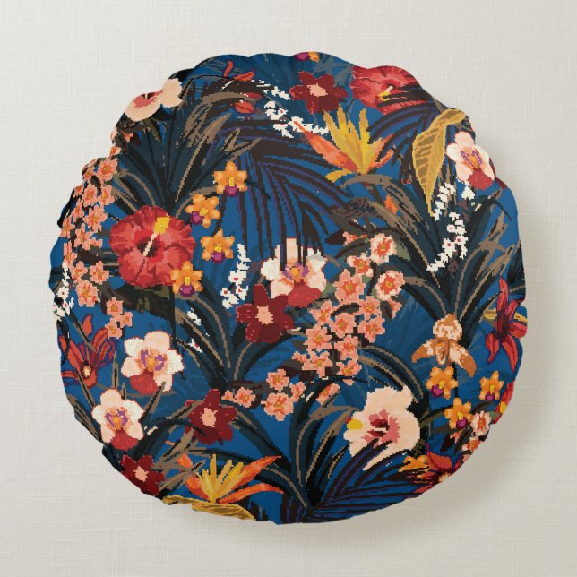 Jungle Chic: Dark Blue Exotic. Round Pillow (Front)