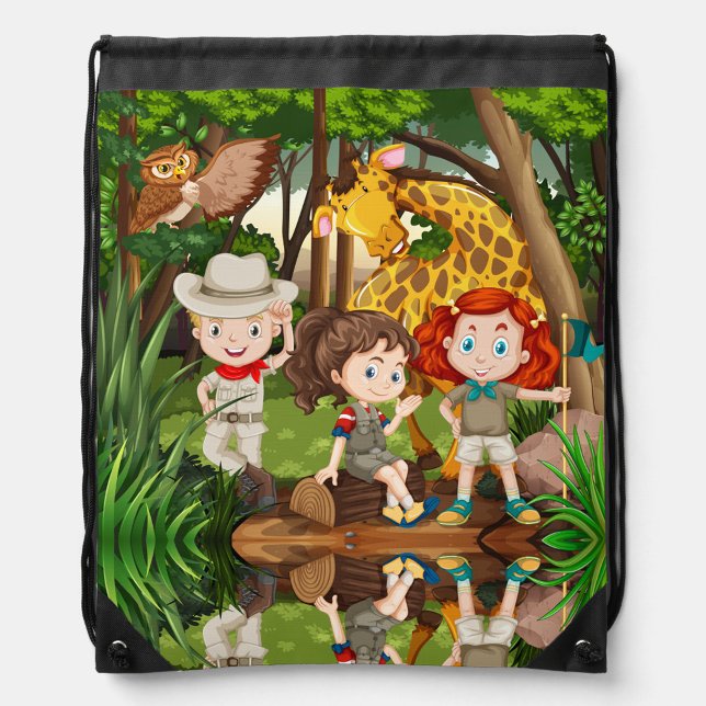 Jungle Children Drawstring Bag (The forest background includes green trees and foliage.  )