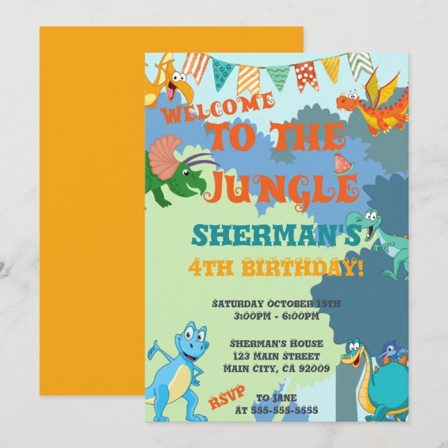 Jungle Dinosaur 1st 2nd 3rd 4th 5th Kids Birthday Invitation (Front/Back)