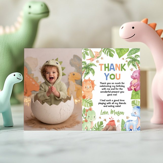 Jungle Dinosaur Cute Boy Birthday Party Photo Thank You Card (Creator Uploaded)