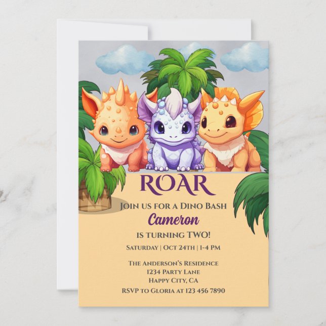  Jungle Dinosaur Dino Bash 2nd birthday Party Invitation (Front)