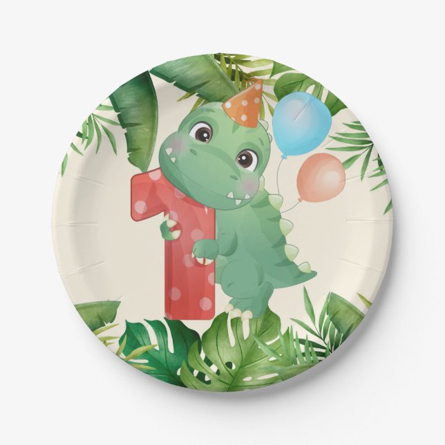Jungle Dinosaur Palm Leaves 1st Birthday Party Paper Plates (Front)