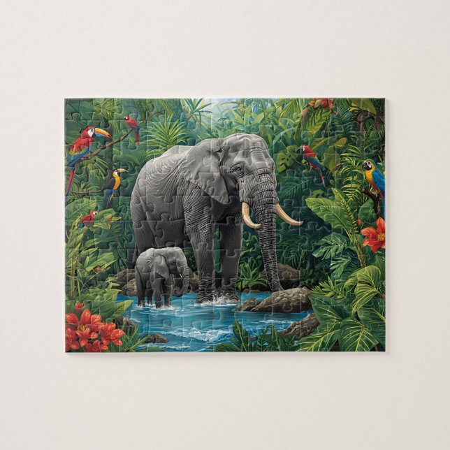 Jungle Elephant and Baby Safari Jigsaw Puzzle (Horizontal)