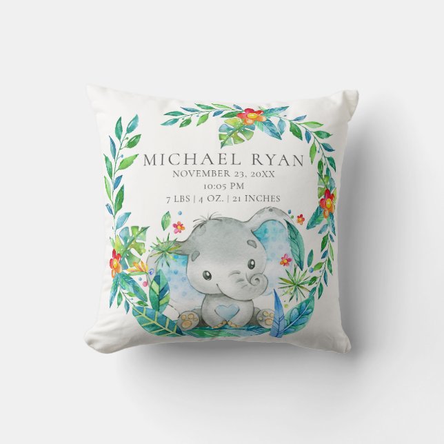Jungle Elephant Baby Birth Stats Pillow (Front)