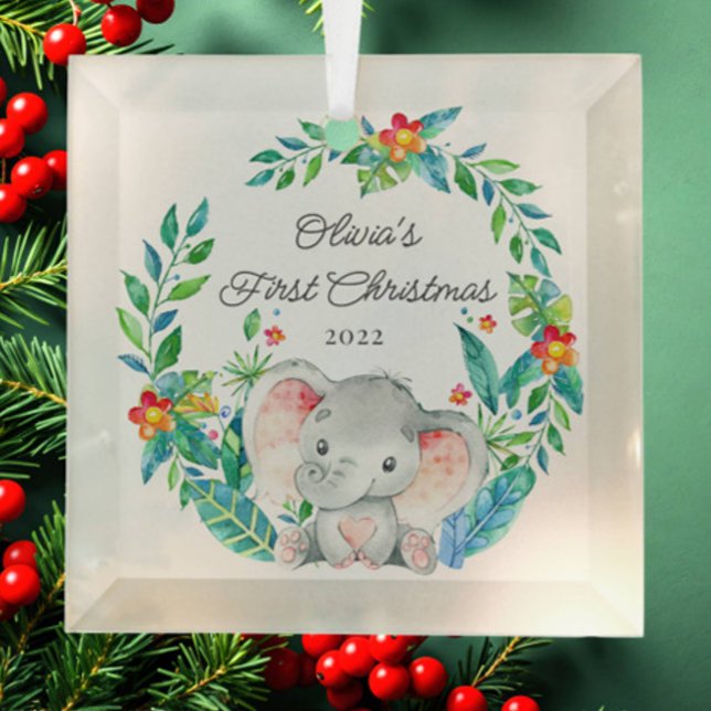 Jungle Elephant Baby's First Christmas Glass Ornament (Creator Uploaded)