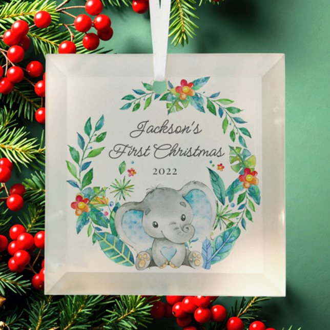 Jungle Elephant Baby's First Christmas Glass Ornament (Creator Uploaded)