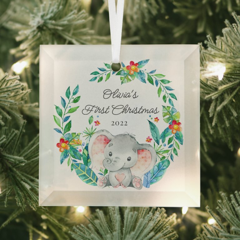 Jungle Elephant Baby&#39;s First Christmas Glass Ornament