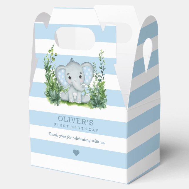Jungle Elephant Blue 1st Birthday Party Thank You Favor Boxes (Opened)