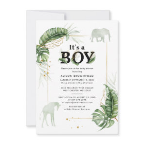 Jungle Elephant Giraffe Botanical Boy Baby Shower Invitation
