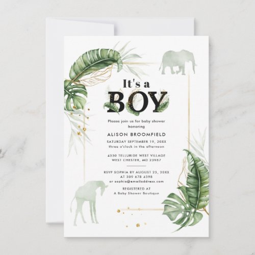 Jungle Elephant Giraffe Botanical Boy Baby Shower Invitation
