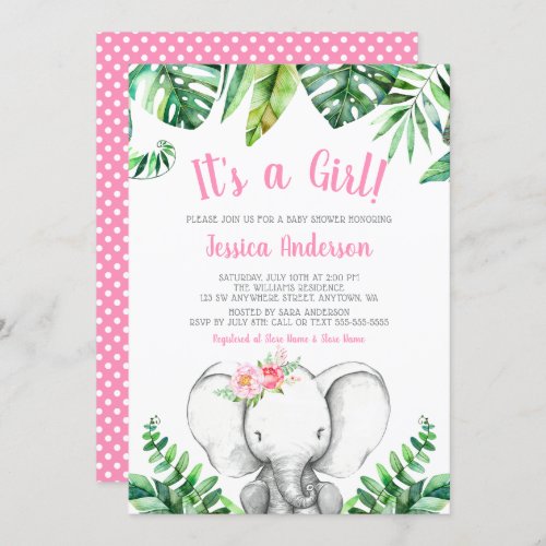 Jungle Elephant Girl Baby Shower Invitations