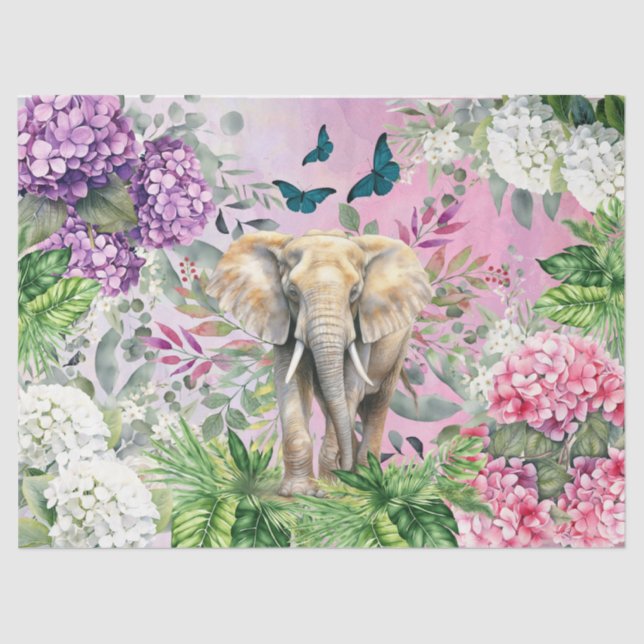 Jungle Elephant & Hydrangeas & Butterflies Tissue Paper (Front)