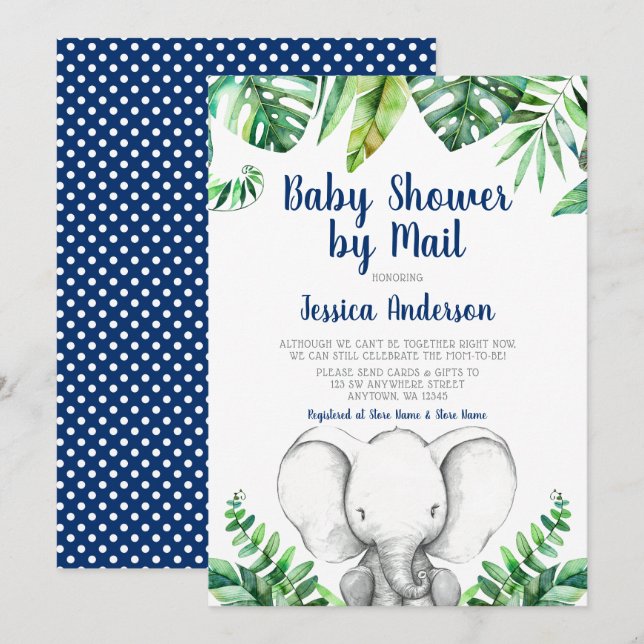Jungle Elephant Navy Boy Baby Shower by Mail Invitation (Front/Back)