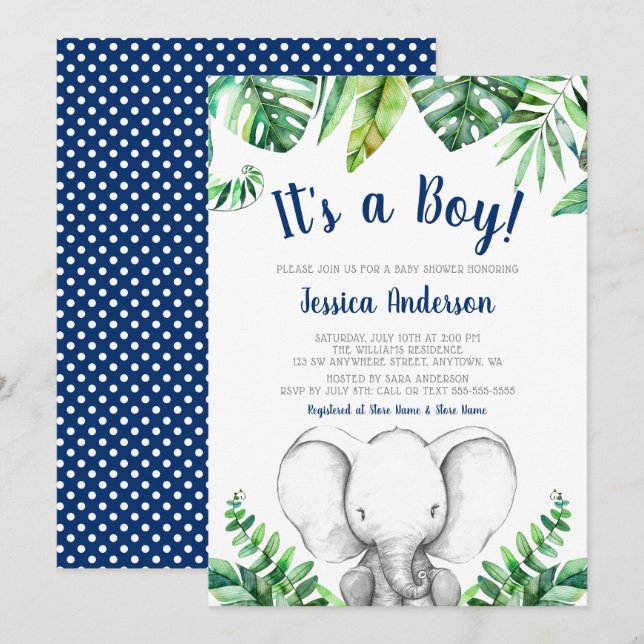 Jungle Elephant Navy Boy Baby Shower Invitations (Front/Back)