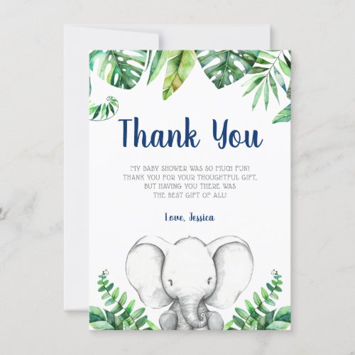 Jungle Elephant Navy Boy Baby Shower Thank You Card
