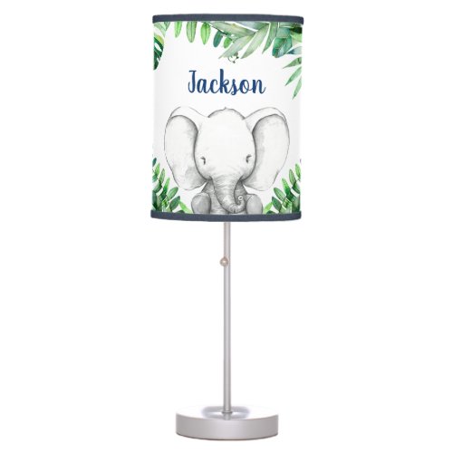 Jungle Elephant Navy Boy Name Table Lamp