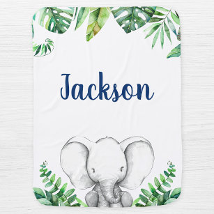 Jungle Elephant Navy Personalized Boy Baby Blanket