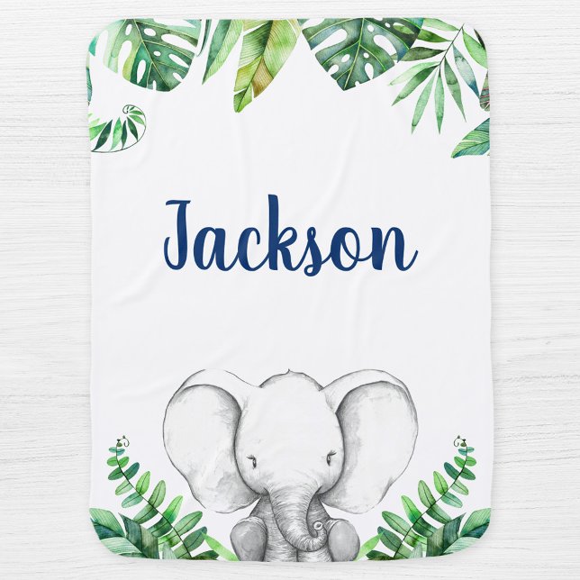 Jungle Elephant Navy Personalized Boy Baby Blanket (Creator Uploaded)
