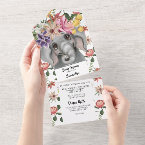 Jungle elephant watercolor baby shower girls boys  all in one invitation