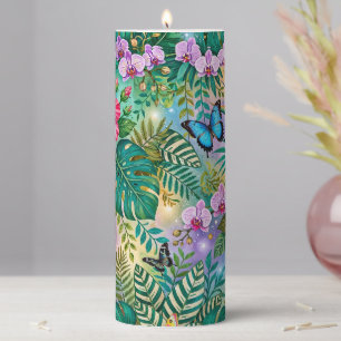 Jungle Fantasy Butterflies Flowers Cheerful Pillar Candle