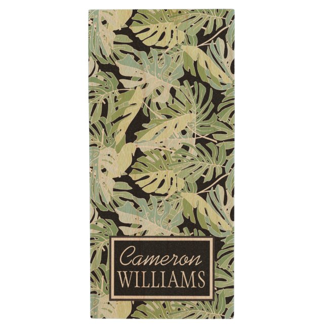 Jungle Floral Pattern | Add Your Name Wood Flash Drive (Front Vertical)