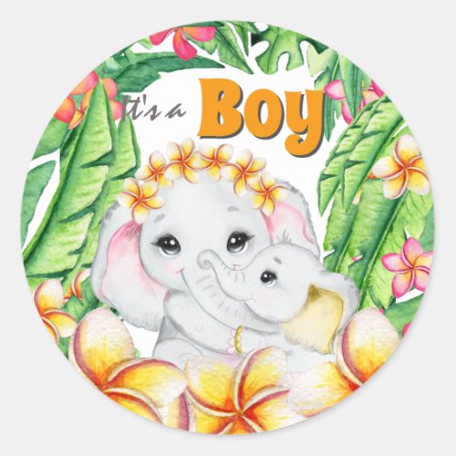 Jungle flower baby boy birth announcement classic round sticker