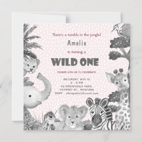 Jungle Foliage And Animal Monochrome 1st Birthday Magnetic Invitation